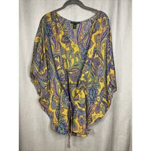 Lauren Ralph Lauren Golden Yellow Paisley 100% Silk Caftan Tunic Top - Size Med